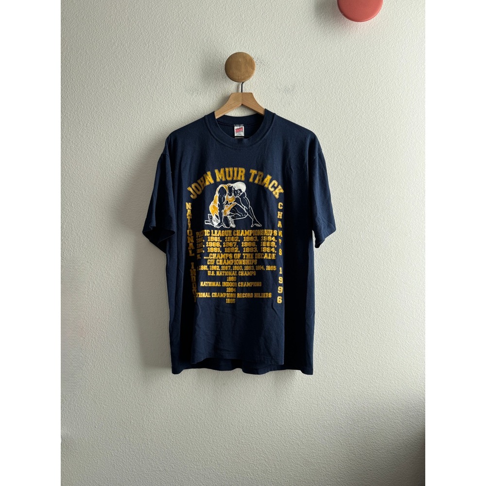 Vintage 90s Soffe John Muir Track Field Mustang Pride Tshirt Size XL USA